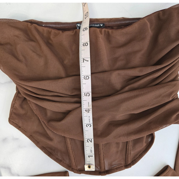 Zara Corset Top Womens Medium Brown Mesh Sheer Cropped Ruched Off Shoulder Y2K - Picture 12 of 12
